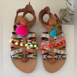 Elina Linardaki Brown Leather, Rainbow Pom Pom, Woven, and Beaded Sandals